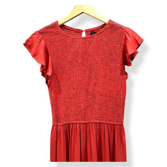 Cottagecore Smocked Tiered Midi Dress Flutter Sleeve Crewneck Rust Orange S NWT - Picture 6 of 16